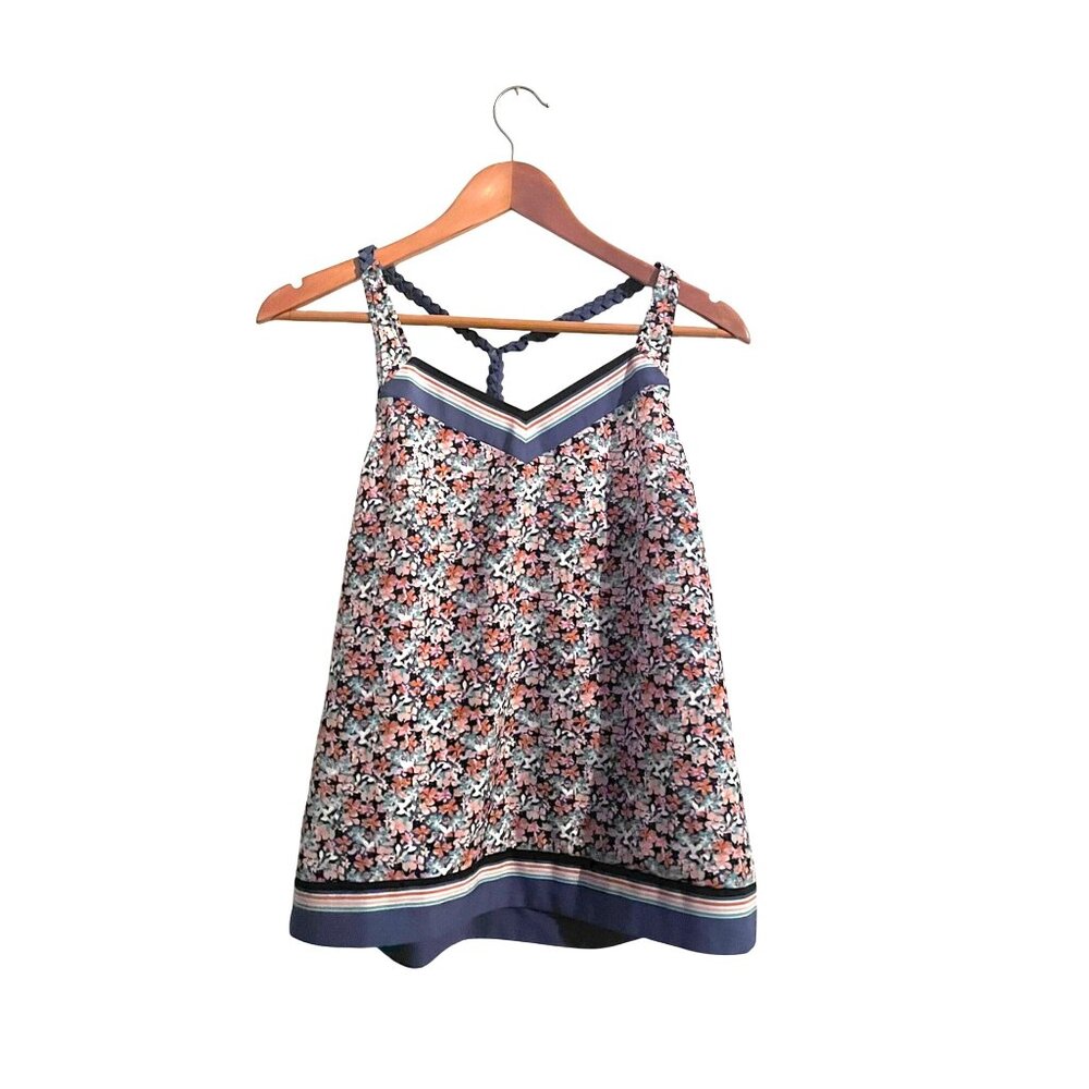 Lauren Conrad XS Floral Sleeveless Top With Braided Straps & Striped Hem Size XS